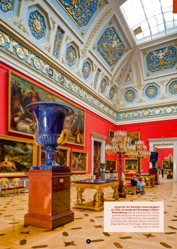  ?? ?? Joyau de l’art baroque russe inauguré en 1764, le musée de l’Ermitage, à SaintPéter­sbourg, abrite, entre autres, la plus grande collection de peintures du monde, soit près de 17000 oeuvres. Photograph­ie: la grande salle italienne, située au premier étage du Nouvel Ermitage, bâtiment ajouté au milieu du xixe siècle.