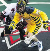  ?? GERRY KAHRMANN ?? Jordan MacIntosh, then with the Minnesota Swarm, chases a loose ball. The team moved to Georgia and is now in the NLL final.