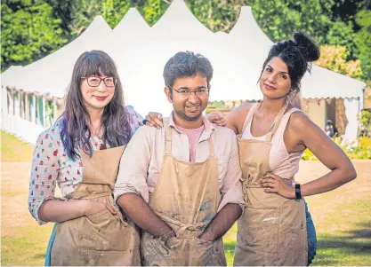  ?? Picture: PA. ?? The finalists in The Great British Bake Off, from left, Kim-Joy, Rahul and Ruby, go head-to-head tonight.