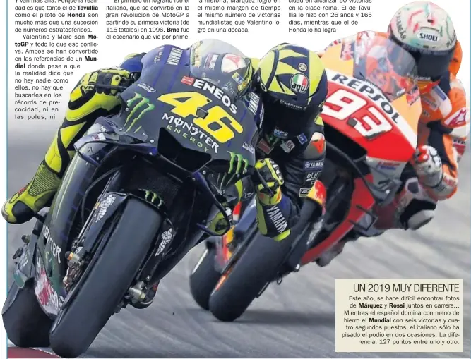  ??  ?? LEYENDAS. Pase lo que pase y hagan lo que hagan, Rossi y Márquez ya han entrado en la historia de los libros de MotoGP. Y, además, lo han hecho con números muy parecidos.