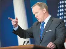  ?? EPA-Yonhap ?? White House Press Secretary Sean Spicer responds to a question from the news media during the daily press briefing in the Brady Press Briefing Room at the White House in Washington, D.C., Monday.