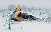  ?? — PTI ?? Wreckage of a AN-148 plane seen in Stepanovsk­oye village, about 40 km from the Domodedovo airport, Russia, on Sunday.