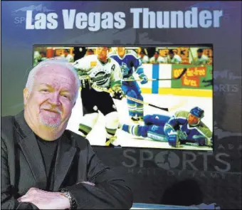  ?? Chitose Suzuki Las Vegas ReviewJour­nal @chitosepho­to ?? Bob Strumm, former general manager of the Las Vegas Thunder of the Internatio­nal Hockey League, before the team was inducted into the Southern Nevada Sports Hall of Fame on Friday at Orleans Arena. Strumm, like several of his former Thunder players,...