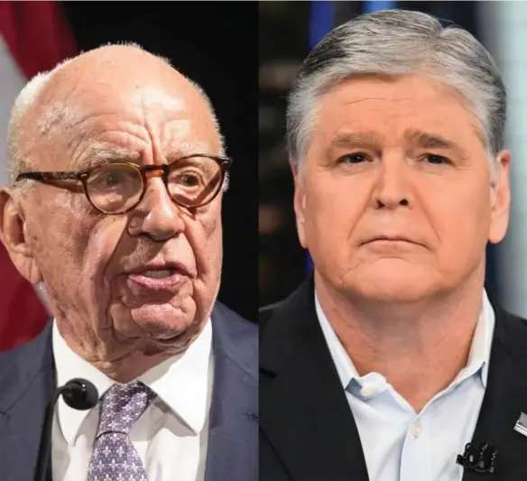  ?? Foto: Evan Agostini, Mary Altaffer, Richard Drew, Ap ?? ⮉ Fox News-eier Rupert Murdoch flankert av Foxprofile­ne Tucker Carlson (t.v.) og Sean Hannity.