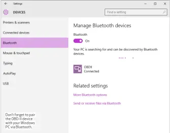  ??  ?? Don’t forget to pair the OBD-II device with your Windows PC via Bluetooth.