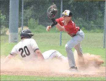  ?? RICK PECK/SPECIAL TO MCDONALD COUNTY PRESS ?? McDonald County first baseman Kammeron Hopkins stretches for a throw to complete a double play during McDonald County’s 4-2 win over Neosho in the Carl Junction tournament.