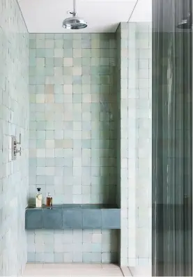  ??  ?? Project details less is certainly more in this sleek bathroom design by reclaim specialist retrouvius, where the gentle wash of powdery mint tiles is offset by the solidity of the bench clad in grey cement. salvaged wall tiles are priced at approx £150...