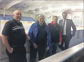  ?? SUEANN MUSICK/THE NEWS ?? The Hector Arena recently received more than $30,000 for upgrades to the building. Here, from the left: David Parker, chair of the Hector Arena Commission, Ron Clarke, arena manager, Jack Ferguson, chair of the Pictou Agricultur­al Society, and Central...