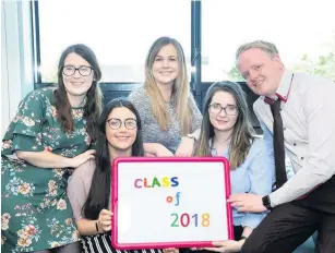  ??  ?? Probation completed Coatbridge High teachers Claire Friary (music) and Sara MacCallum (drama) are pictured with Caitlin Marsh of St Ignatius Primary in Wishaw, Lauren McCafferty from Glencairn Primary and Gordon Reid of Mossend Primary