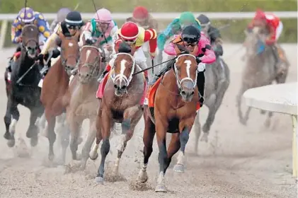  ?? MATTHEW STOCKMAN/GETTY ?? Maximum Security, ridden by Luis Saez (7), leads the field out of turn four during the Florida Derby at Gulfstream Park.