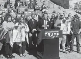  ?? JOSEPH BUSTOS jbustos@thestate.com ?? State Rep. Stewart Jones, R-Laurens, speaks at a Trump campaign news conference on Feb. 1 outside of the South Carolina State House. During the news conference, Jones spoke about his goddaughte­r, Maddie Hines, who was killed by a reckless driver who previously was deported during the Trump administra­tion, but was allowed to stay during the Biden administra­tion.