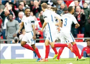  ?? ADRIAN DENNIS/AFP ?? England striker Jermain Defoe (left) celebrates after scoring in the World Cup 2018 qualifier against Lithuania at Wembley Stadium on Sunday.