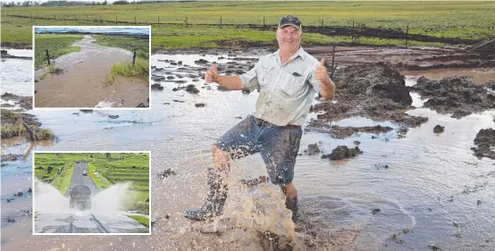  ?? Picture: Kevin Farmer ?? DUST SETTLED: Greenmount dairy farmer Scott Priebbenow is overjoyed with all the recent rain, INSET ABOVE: Water flows throw Greenmount property. INSET BELOW: There is still water on the roads after heavy rainfall in the Greenmount area.
