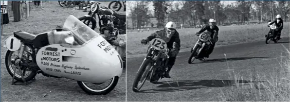  ??  ?? ABOVE Jack Forrest’s NSU in the pits in 1957. ABOVE RIGHT Star of the Queensland TT in 1957, Tom Phillis (69) looms up behind C. Wilson, with C. Else behind. BELOW Taken in 1959, with riders lining up for the next race. BOTTOM RIGHT Terry O’Brien from...