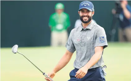  ?? Picture: Getty Images ?? MOMENT OF REALISATIO­N. Adam Hadwin of Canada reacts on the 18th green after winning the Valspar Championsh­ip during the final round in Palm Harbor, Florida on Sunday.