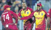  ??  ?? Windies captain Carlos Brathwaite (centre) said players were concerned about injuries on the wet outfield.