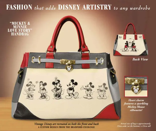  ??  ?? Vintage Disney art recreated on both the front and back A CUSTOM DESIGN FROM THE BRADFORD EXCHANGE Actual size of bag is approximat­ely 33cm wide (at the bottom) x 23cm tall