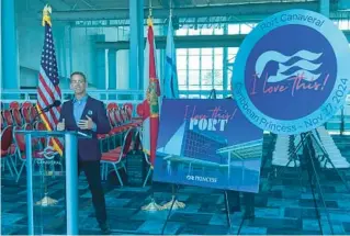  ?? COURTESY ?? Princess Cruises President John Padgett speaks at Port Canaveral’s Terminal 6 on Tuesday announcing the line will begin sailing from the port for the first time beginning in November 2024 with the Caribbean Princess.