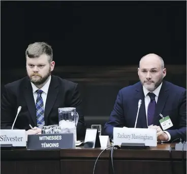  ?? SEAN KILPATRICK / THE CANADIAN PRESS ?? Jeff Silvester, left, and Zack Massingham of AggregateI­Q appear as witnesses at the Commons privacy and ethics committee in Ottawa on Tuesday. The committee is looking into the breach of personal informatio­n involving Cambridge Analytica and Facebook.