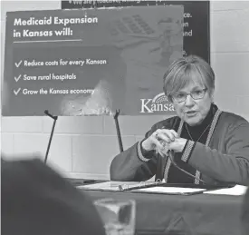  ?? EVERT NELSON/THE CAPITAL-JOURNAL ?? Gov. Laura Kelly discusses Medicaid expansion during a roundtable Tuesday afternoon at the Shawnee County Jail.