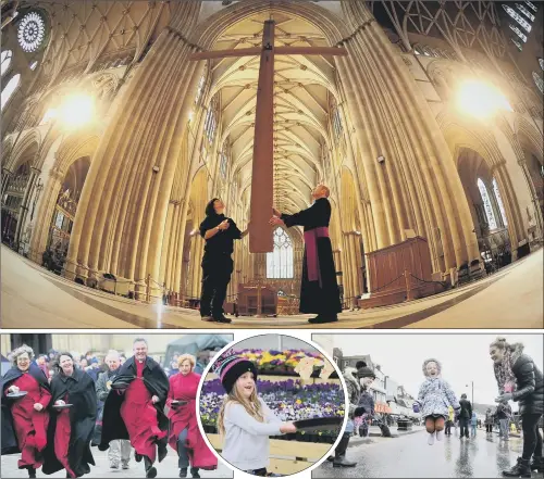  ??  ?? The Lent Cross, top, is raised at York Minster with the Rev Canon Michael Smith pictured with joiner Becky Johnson; above, from left, pancake races in Ripon with the Dean of Ripon Rev John Dobson and his clergy; the Arium Leeds Parks nursery’s Shrove...