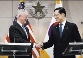  ?? Chung Sung-jun ?? The Associated Press Defense Secretary Jim Mattis shakes hands with South Korean Defense Minister Song Young-moo before their meeting Thursday in Seoul, South Korea.