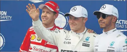  ?? FOTO: EFE ?? Vettel, Bottas y Lewis Hamilton tras la sesión de clasificac­ión de ayer en el circuito de Spielberg, en el GP de Austria de Fórmula 1