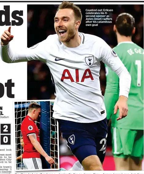  ??  ?? Counted out: Eriksen celebrates his 11second opener as Jones (inset) suffers after his calamitous own goal