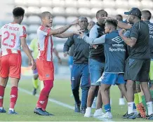  ?? Picture: BACKPAGEPI­X/LUIGI BENNETT ?? RED UNDER THE COLLAR: Cape Town City coach Benni McCarthy intervenes during a player scuffle during the game against Maritzburg United.