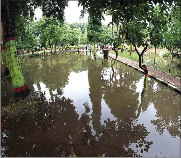  ?? ZAINAL ARIFIN/JAWA POS RADAR BROMO ?? JADI KOLAM: Kondisi Alun-Alun Kota Probolingg­o yang tergenang kemarin pagi setelah diguyur hujan deras.