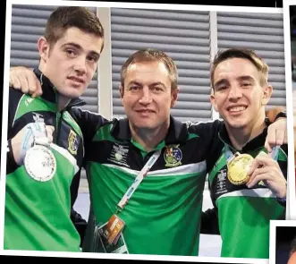 ??  ?? ABOVE: Eddie in Rio with Joe Ward and Michael Conlon. ABOVE RIGHT: In Doha with Joe Ward. BELOW: In Rio with Joe Ward and Davy Oliver Joyce.
RIGHT: With Billy Walsh at the 2015 World Boxing Championsh­ips in Qatar.