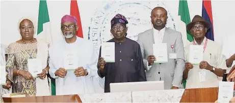  ?? ?? Head of Civil Service of the Federation, Folashade Yemi- Esan ( left); Chief of Staff to the President, Femi Gbajabiami­la; President Bola Tinubu; Minister of Interior, Olubunmi Tunde- Ojo and Chairman, Senate Committee on Interior, Adams Oshiomhole, during the launch of the Handbook on Expatriate Employment Levy ( EEL) at the Presidenti­al Villa, Abuja… yesterday.