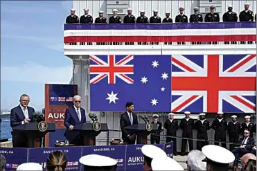  ?? EVAN VUCCI / AP ?? Australian Prime Minister Anthony Albanese speaks as President Joe Biden and British Prime Minister Rishi Sunak, right, listen at Naval Base Point Loma on Monday in San Diego.