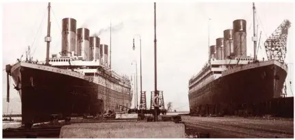  ??  ?? Pride of the line: Two new ships ready for White Star in March 1911 — Titanic, left, and Olympic