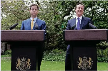  ?? ?? LAST COALITION: Tory PM David Cameron and his Lib Dem deputy, Nick Clegg, left