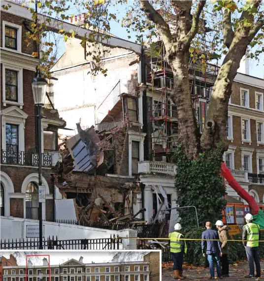  ??  ?? Nightmare: Builders at wreckage in Chelsea yesterday. Left: Houses (outlined) before ruin