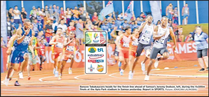  ?? Picture: JONACANI LALAKOBAU ?? Banuve Tabakaucor­o heads for the finish line ahead of Samoa’s Jeremy Dodson, left, during the 4x100m finals at the Apia Park stadium in Samoa yesterday.