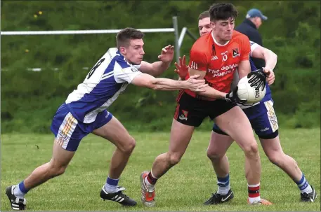  ??  ?? Fossa’s Matthew Rennie is challenged by Thomas Ladden and Martin Burke, Keel, during their County League Division 3 game in Fossa on Sunday. Photo by Michelle Cooper Galvin