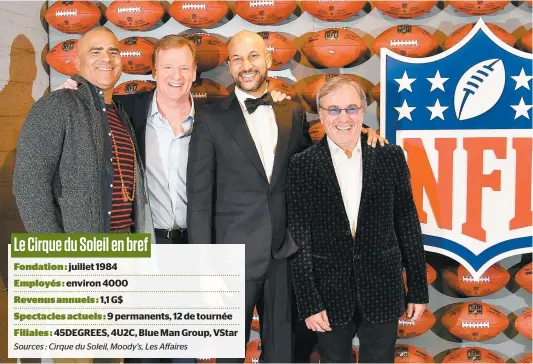  ?? PHOTO D’ARCHIVES, AFP ?? Le PDG du Cirque du Soleil, Daniel Lamarre (à droite), avec Roger Goodell, commissair­e de la NFL (2e à partir de la gauche), Christophe­r Jackson et Keegan-michael Key lors de l’inaugurati­on de l’« attraction immersive » de la NFL le 30 novembre 2017.