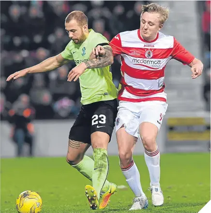  ??  ?? Hibernian’s Jordan Forster (left) and Keiran McGachie in a tussle for the ball.