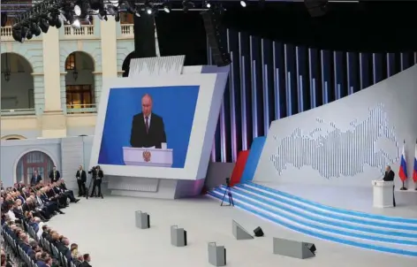  ?? ?? Putin talte i Gostiny Dvor-konference­centret i det centrale Moskva et par uger før det russiske praesident­valg, som han er sikker på at vinde. Foto: Gavriil Grigorov/Reuters