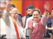  ??  ?? Haryana CM Manohar Lal Khattar with BJP working president JP Nadda, during a rally in Gurugram on Aug 27. YOGENDRA KUMAR/HT FILE