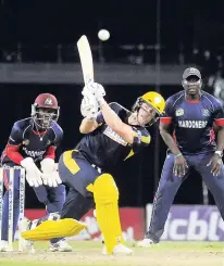  ?? PHOTO BY CWI MEDIA/KERRIE EVERSLEY ?? Jimmy Adams hitting a four during the Group A match between Combined Campuses & Colleges Marooners and Hampshire in the Regional Super50 Festival on Thursday at Kensington Oval.