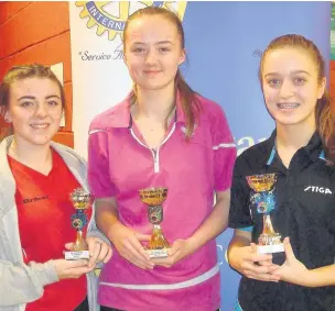  ??  ?? Pictured with their trophies won at the Halton Two Star Table Tennis Tournament are Robyn Cosgrove, Anais O’Connor and Alice Dillon.