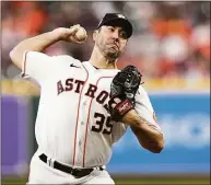  ?? David J. Phillip / Associated Press ?? Houston Astros starting pitcher Justin Verlander throws to a Minnesota Twins batter during the first inning on Aug. 23 in Houston.