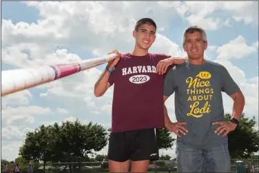  ?? BEA AHBECK/NEWS-SENTINEL ?? Lodi High pole vaulter Samuel Wright and his dad, head coach Greg Wright, pictured in Lodi on Thursday.