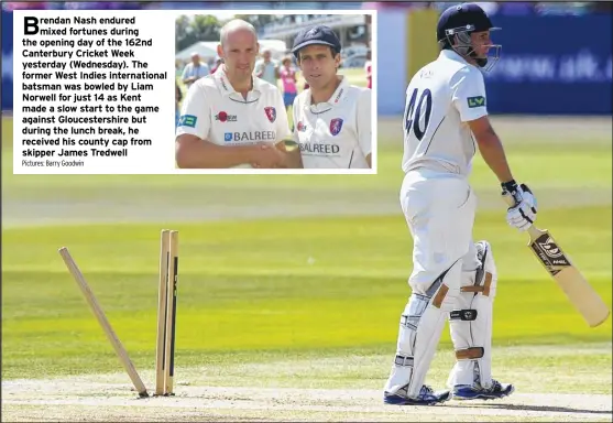  ?? Pictures: Barry Goodwin ?? Nash endured mixed fortunes during the opening day of the 162nd Canterbury Cricket Week yesterday (Wednesday). The former West Indies internatio­nal batsman was bowled by Liam Norwell for just 14 as Kent made a slow start to the game against...