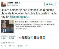  ??  ?? TWITTER. El jefe de Gabinete bancó el modelo en Diputados.