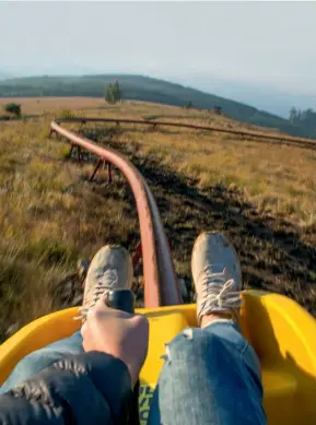  ??  ?? ABOVE, FROM LEFT Take two trips on the Long Tom Toboggan, once for pure thrills, again to enjoy the scenery; old tins and signs in Pilgrim’s Rest.