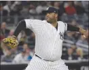 ?? The Associated Press ?? New York Yankees pitcher CC Sabathia throws during the first inning of Monday’s 8-1 victory over the Houston Astros.